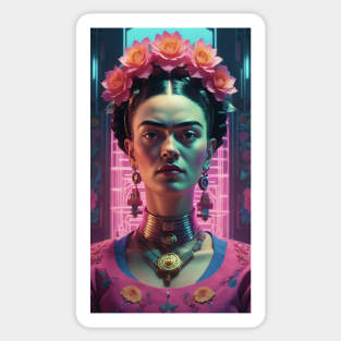 Frida's Neon Blooms: Modern Illustrative Portrait Sticker